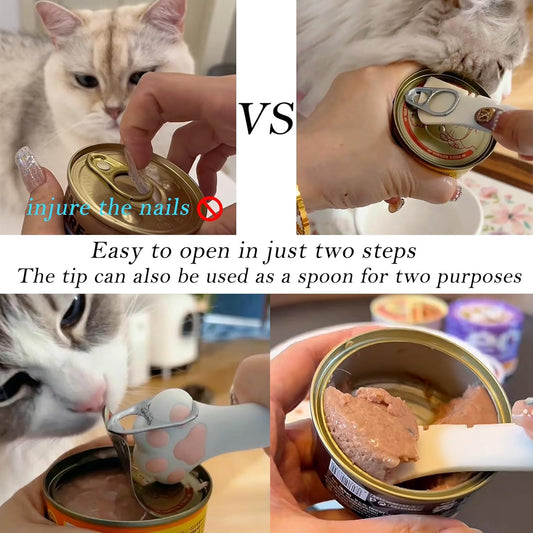 Food Can Spoon & Lids, One Multi-Functional Opener Spatula, 4 PCS BPA Free Silicone Universal Can Covers, Cute Paw Shape Spoon for Cat Dog Wet Food (Pink)