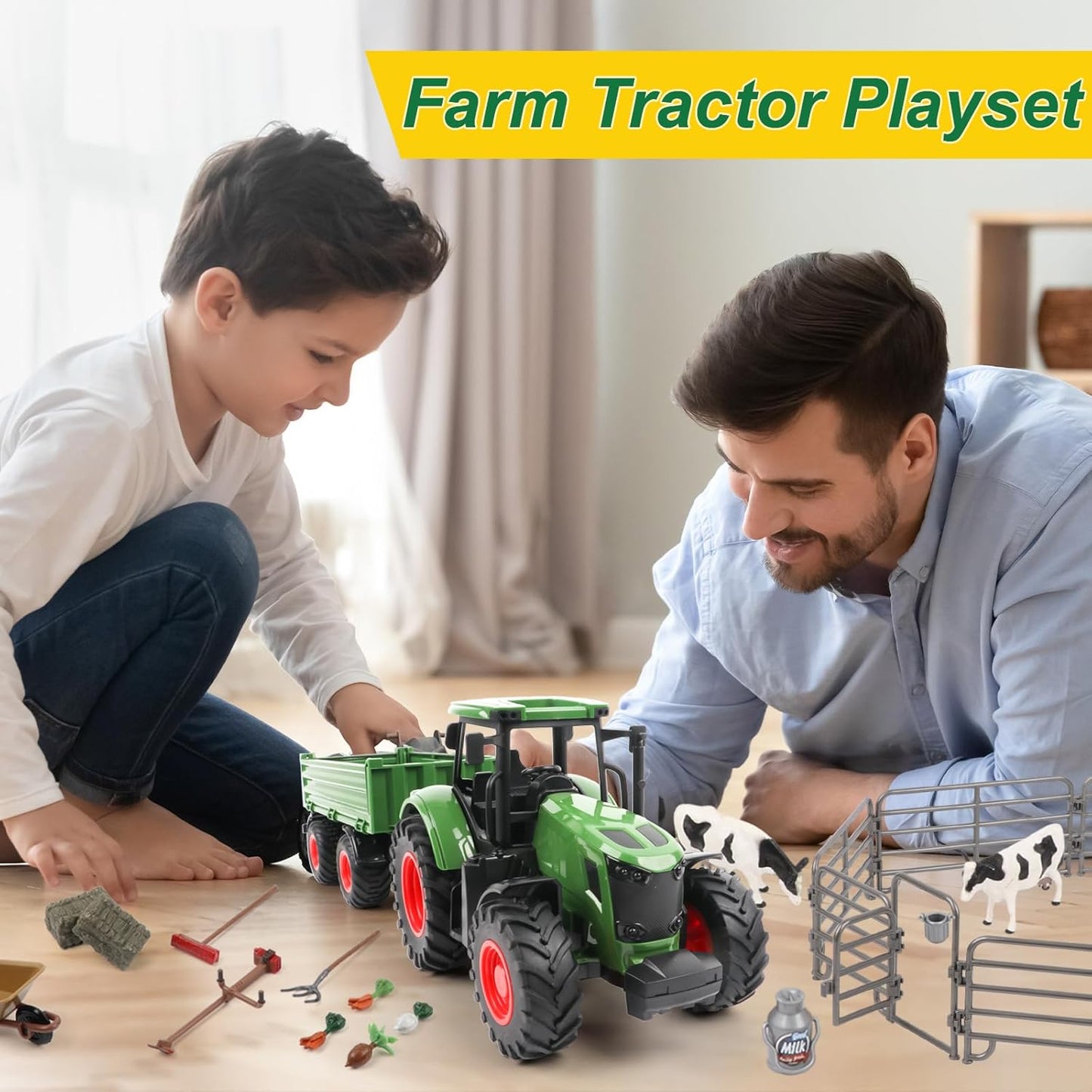 Farm Animal Tractor Toys Playset-16.5 Inches Tractor with Trailer Fence,Farmer,Tree,Cow,Farm Toy Set for Boys Girls Kids Toddlers Age 3-7 Years Old
