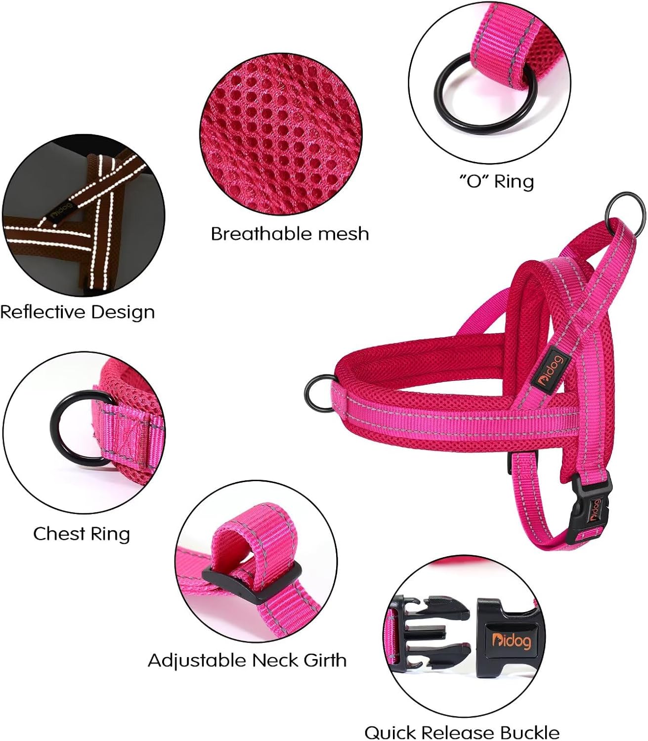 Didog No Pull Dog Harness with Soft Mesh Padded,Reflective & Quick Fit Light Weight Dog Strap Vest Harness,Easy for Walking Training (L:Chest 26-32", Mesh-Hot Pink)