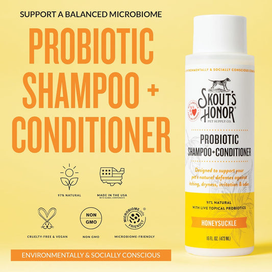 Skout's Honor Probiotic Dog Shampoo & Conditioner with Avocado Oil & Omega-3s, 97% Natural, Paraben & Sulfate-Free, Cruelty-Free, 16oz, Honeysuckle