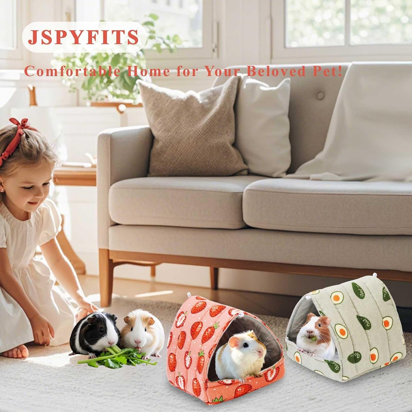JSPYFITS 2 Pack Guinea Pig Hideout,Small Animal House Guinea Pig Bed Washable Cage Accessories for Small Pet Bunny/Rabbit/Hamster/Chinchilla Guinea Strawberry/Avocado