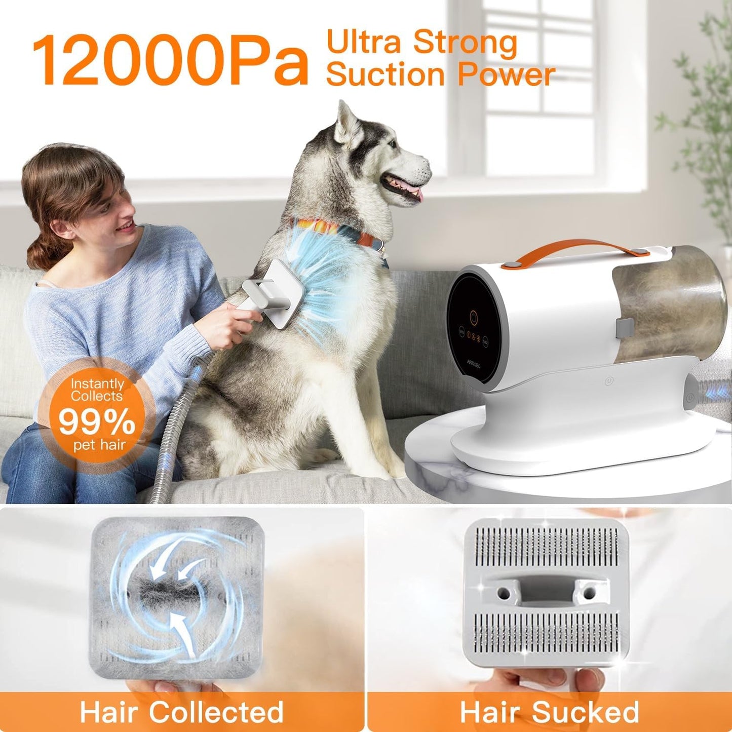 AIRROBO Dog Grooming Vacuum Kit,12000Pa Strong Pet Vacuum for Shedding,Grooming Hai,Quiet,PG100,2L Large Capacity