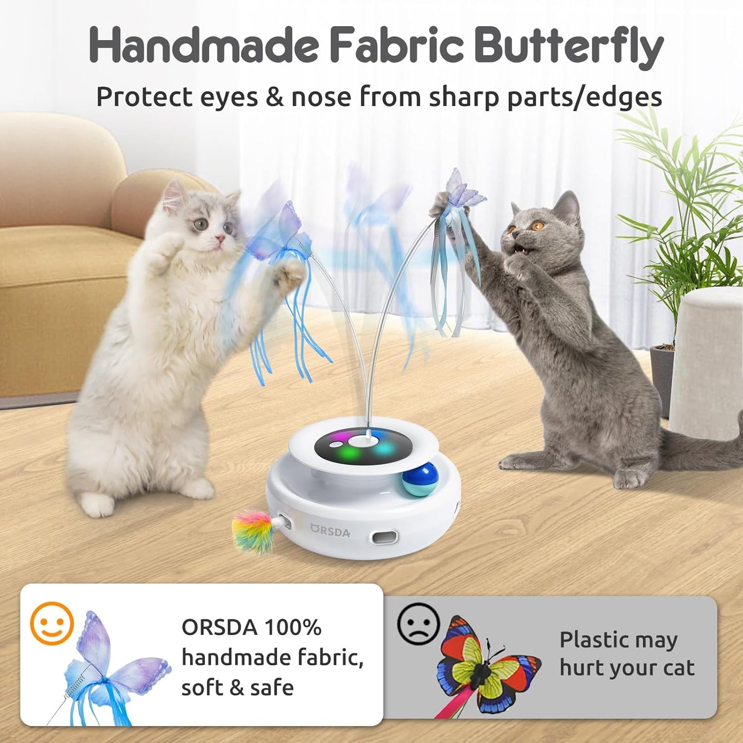 ORSDA Cat Toy, 3-in-1 Automatic Interactive Electronic Moving Ambush Feather, Fluttering Butterfly, Track Balls, USB Rechargeable Powered Smart Indoor Exercise Kicker