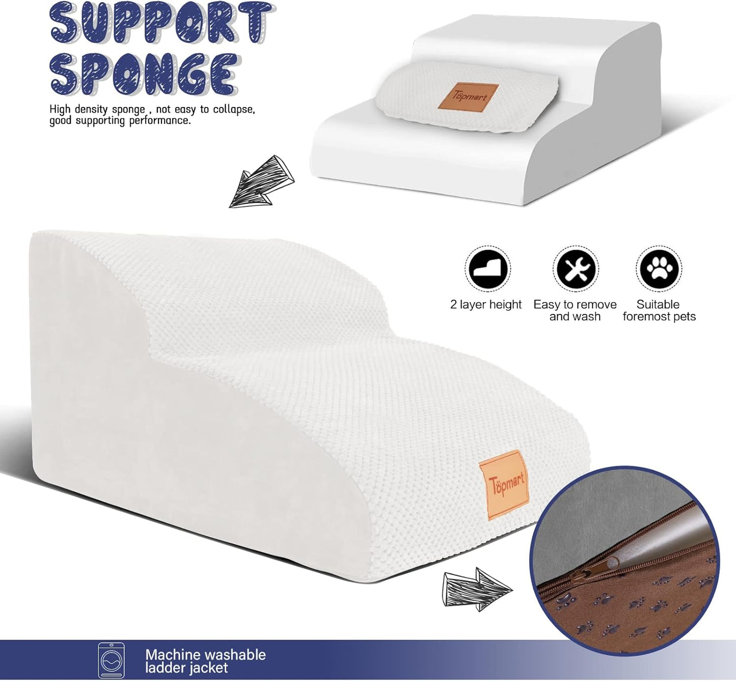 Topmart High Density Extended Foam Dog Ramp&Steps 2 Tiers,11.8" High,Non-Slip Dog Stairs,Soft Foam Pet Ladder with Waterproof Cover,Best for Injured,Older Cats,Pets with Joint Pain