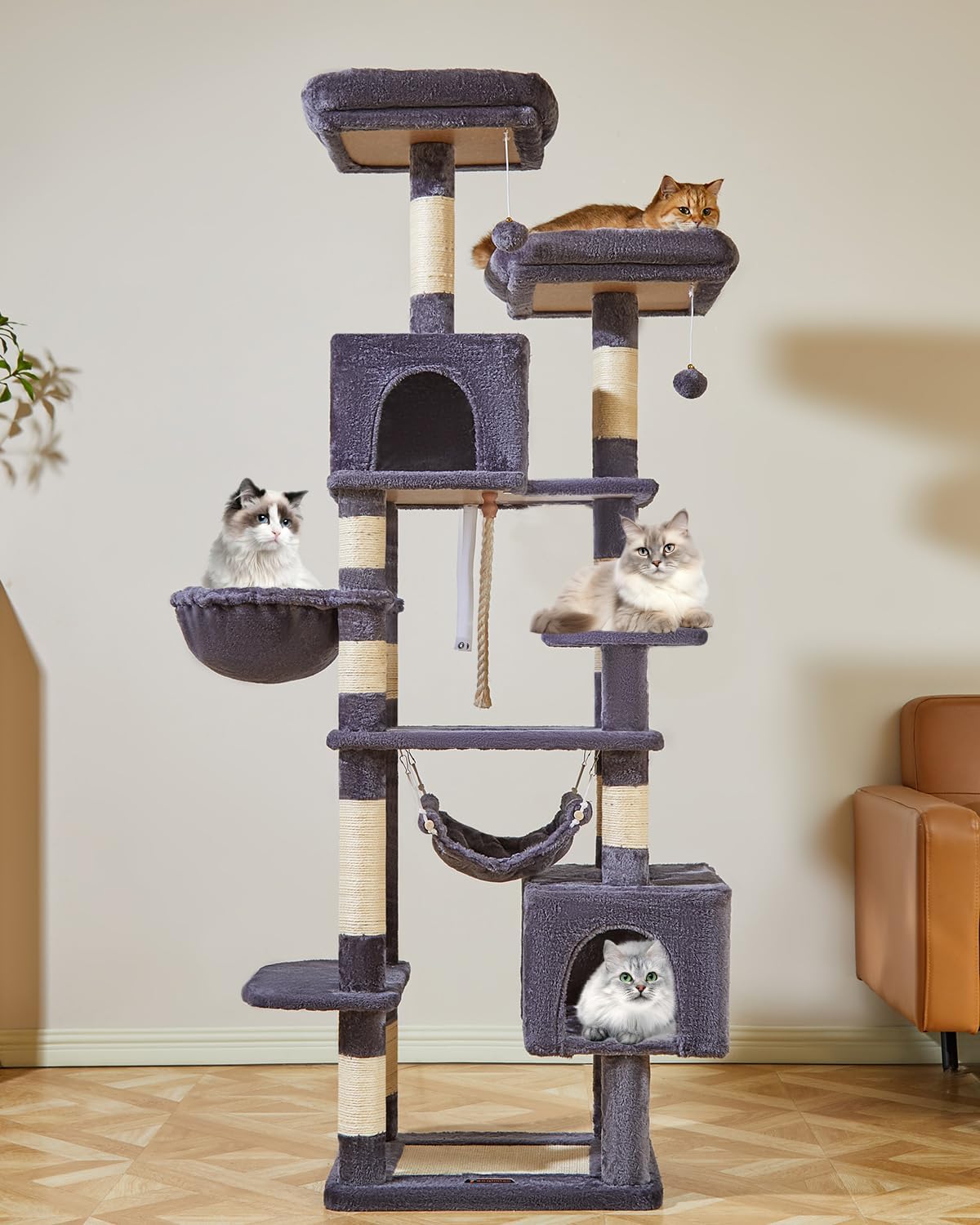 Taoqimiao Cat Tree, 71-Inch Cat Tree Cat Tower for Indoor Cats, Plush Multi-Level Cat Condo with 10 Scratching Posts, 2 Perches,Basket, 2 Caves,Hammock, 2 Pompoms,MS020G Beige Smoky Gray