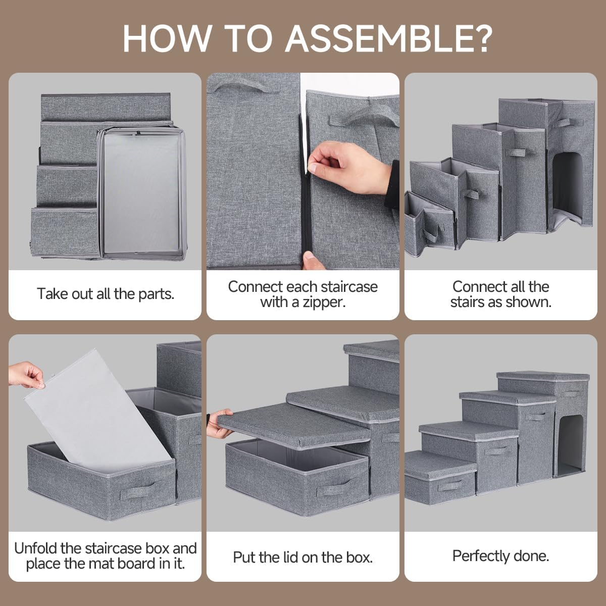 Dog Stairs with Storage, Folding Pet Steps with Zip for Small Dogs and Cats, 4-Step Pet Stairs with Pet House for High Bed, Couch and Car Ramp (Gray, 4 Steps with Condo)