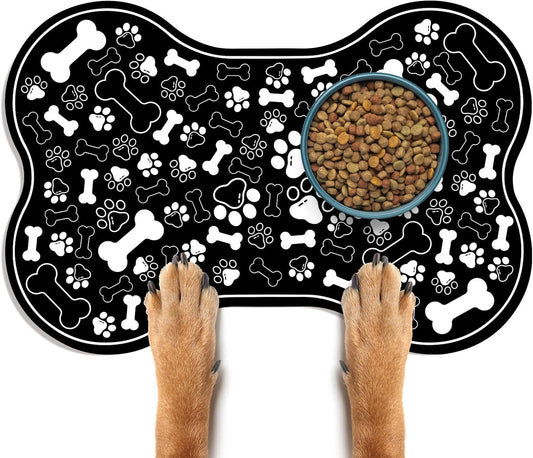 Dog & Cat Food Mat Bone Shaped Pet Feeding Mat Quick Absorb Water Bowl Placemat with Rubber Backing Indoor Floor Stain Resistant Pet Accessory Supplies (Black, 16x24 Inches)