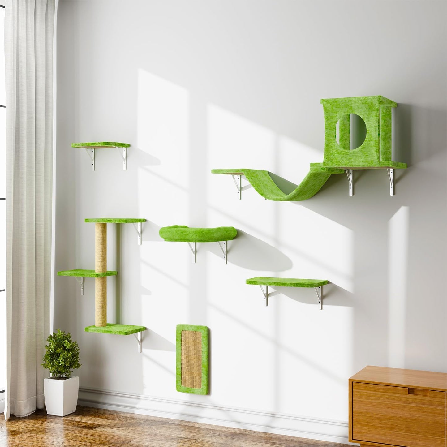 NUNU LAB Cat Wall Shelves, 6 Pcs Luxury Wall-Mounted Cat Climber Set, Indoor Cat Furniture with 1 Condos House, 2 Cat Wall Shelves, 1 Scratching, 1 Bridge Ladder, 1 Scratching Pad, Green