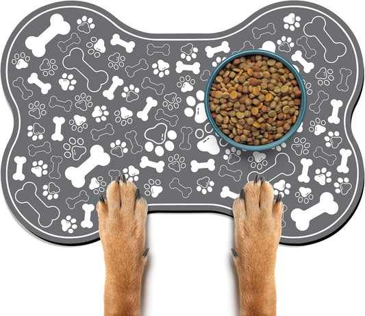 Dog & Cat Food Mat Bone Shaped Pet Feeding Mat Quick Absorb Water Bowl Placemat with Rubber Backing Indoor Floor Stain Resistant Pet Accessory Supplies (Dark Gray, 16x24 Inches)