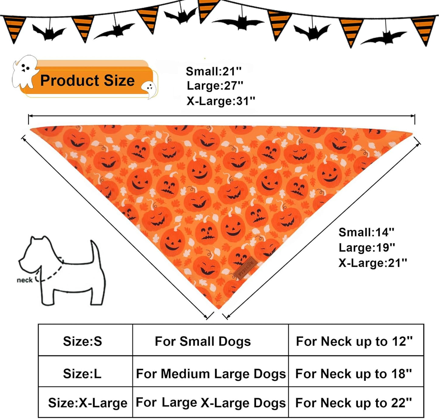 PTDECOR Halloween Dog Bandana, Reversible Holiday Pet Scarf, Multi Size, Triangle Puppy Halloween Bandanas for Small Dogs Puppies Cats (Black & Orange, Small)