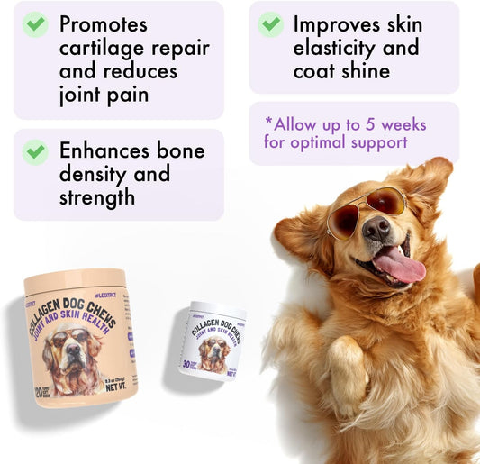 Collagen Dog Chews for Joint & Skin Health 120 Soft Chews All Breeds Mobility, Cartilage Repair & Pain Relief Hip & Joint Skin Coat Anti-inflammatory Support Eggshell Membrane Senior & Adult Dogs