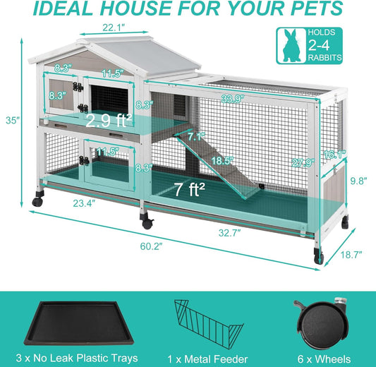 2-Tier Rabbit Hutch with Wheels, Indoor & Outdoor Small Animal Cage with Deep Pull-Out Tray, Anti-Chew Frame, Habitat for Bunny, Guinea Pig, Chinchilla (60" L x 19" W x 35" H)