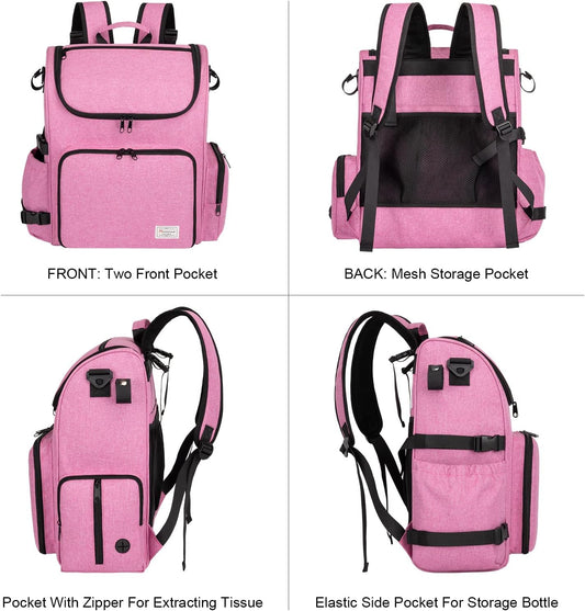 Modoker Dog Travel Bag Backpack, Airline Approved Pet Accessories Organizer for Dog and Cat with Shoulder Strap, 2 Dog Food Storage Containers, 2 Collapsible Dog Bowls,1 Pet Mat, Pink