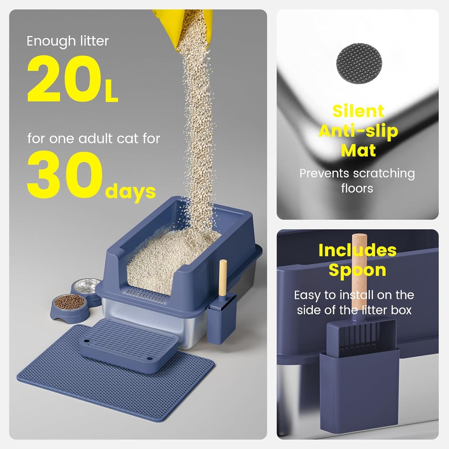 Stainless Steel Cat Litter Box - Enclosed XL Metal Kitty Litter Box with Lid for Big Cats, High Sided, Anti-Leakage, Easy Cleaning, Non-Sticky, Included Litter Mat, Cat Bowl & Spoon