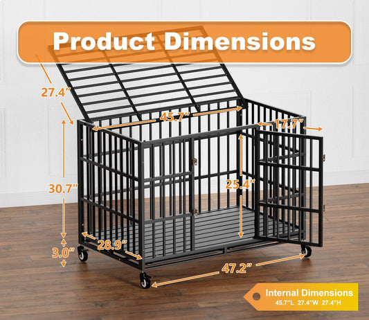 48 Inch Heavy Duty Dog Crate with Wheels,Indestructible Escape-Proof Dog Kennel with Locking Latch and Double Door,Extra Large XL XXL Crate Indoor for Large and Medium Dog with Removable Tray