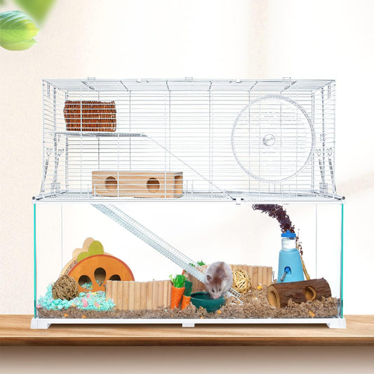 OIIBO 3 Tiers Large Hamster Cages, Glass Hamster Cage Habitat with Openable Wire Topper, Gerbil Cage with Two Ladders Ramps and Removeable Waterproof PVC Tray, Easy to Clean