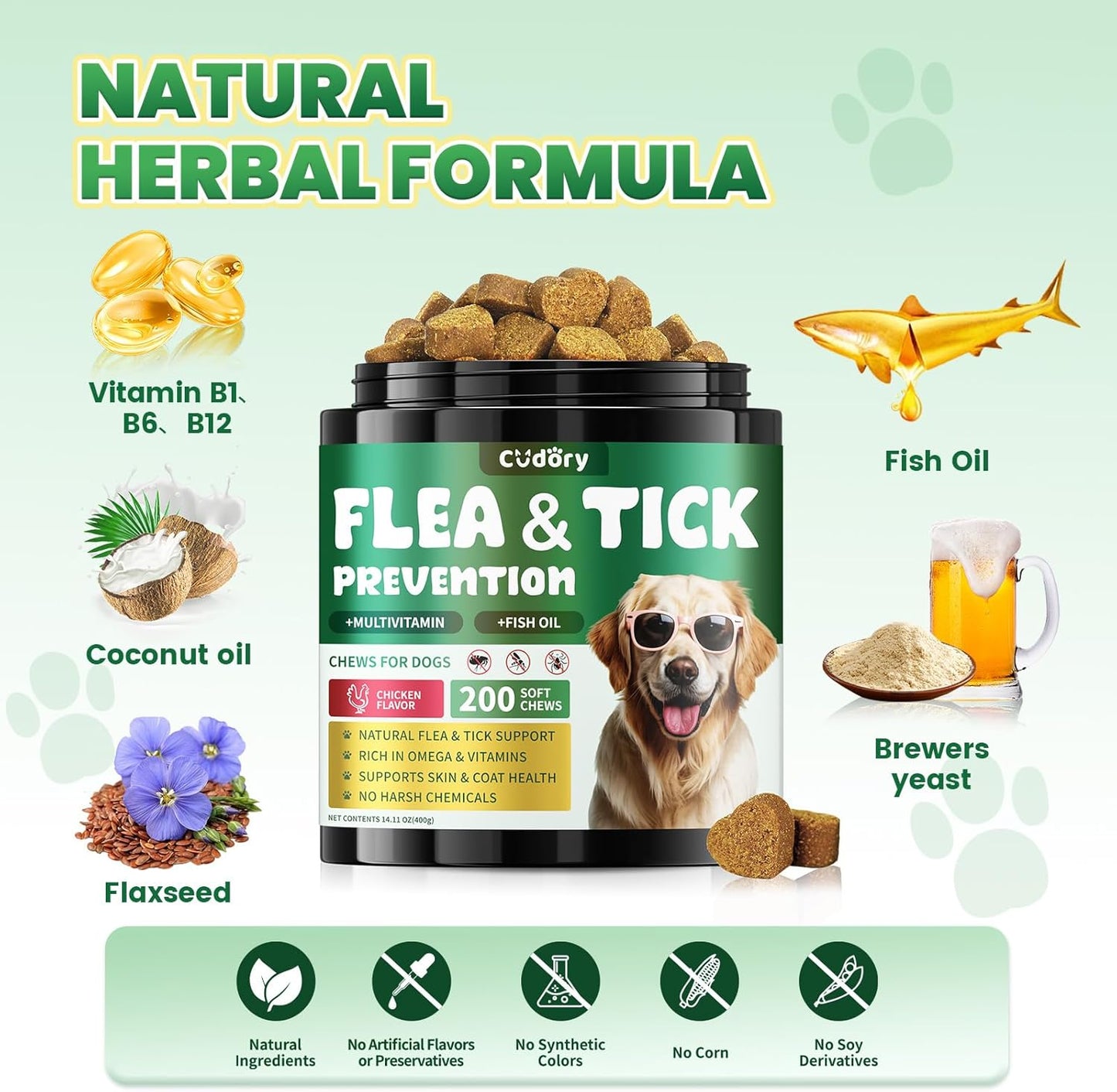 Flea and Tick Prevention for Dogs, 200 Natural Soft Chewables Flea and Tick Support with Vitamins & Fish Oil, Oral Flea Chews Supplement for Dogs -All Breeds, Puppy to Senior Dog, Chicken Flavor