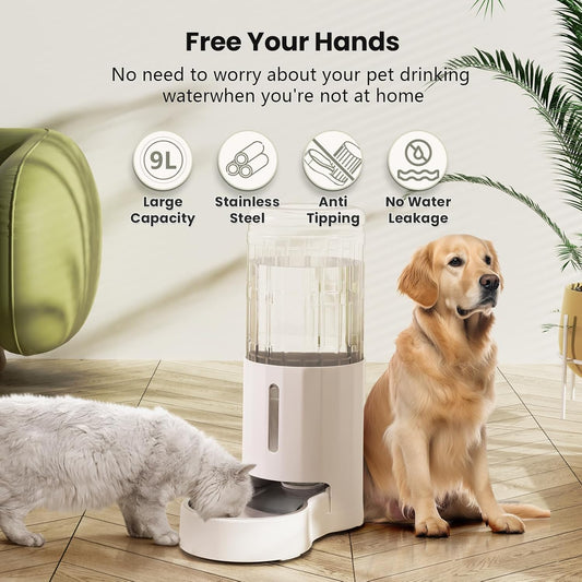 CZPET Automatic 9L Dog and Cat Water Dispenser with Stainless Steel Bowl Gravity Waterer,100% BPA-Free,Large Capacity and Drinking Area Noise-Free for Pets(9L Water Dispenser, White)