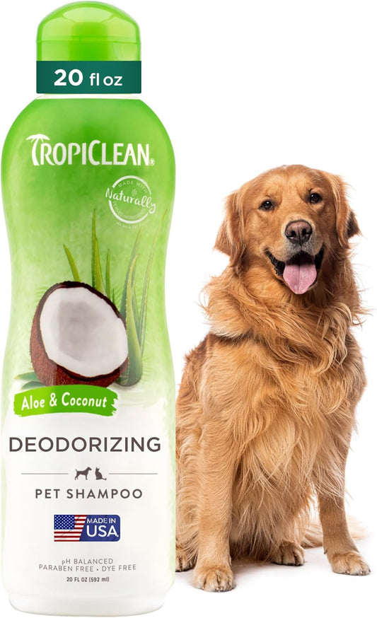 TropiClean Deodorizing Dog Shampoo for Smelly Dogs, Powerful Odor Control, Puppy Safe, Made in the USA, Aloe & Coconut Scent, Cat Friendly, 20oz.
