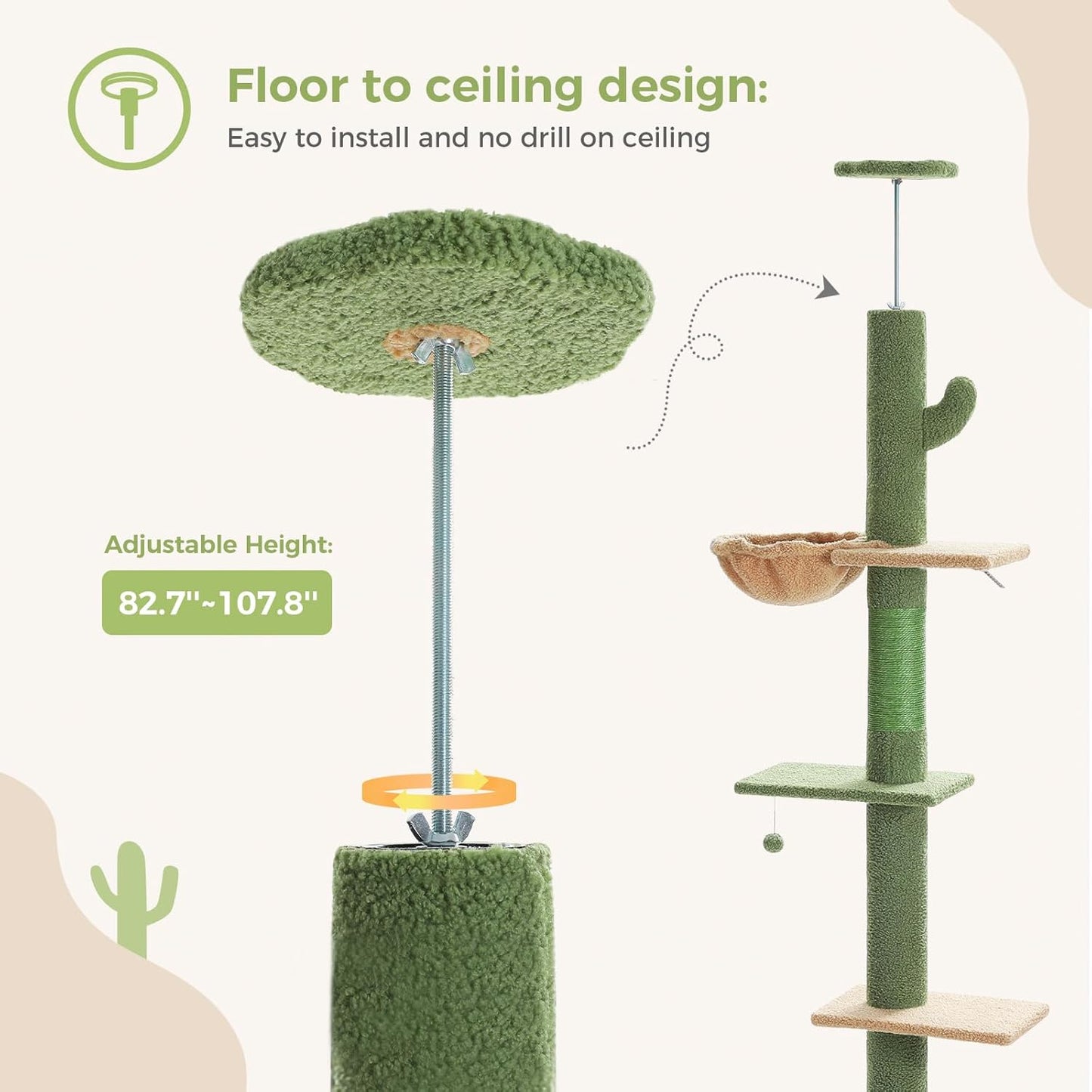 PEQULTI Floor to Ceiling Cat Tree, Tall Cat Tower, Adjustable Height (83''-108'') 5 Levels Climbing Tree for Indoor Cats with Cat Condo, Cozy Hammock and Scratching Post, Green