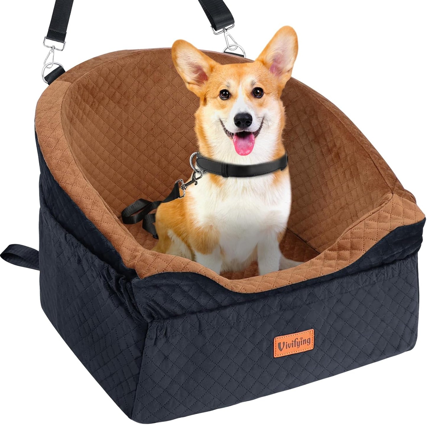 Vivifying Dog Car Seat for Small & Medium Dogs, Detachable & Washable Booster Seat for Pets Up to 30lbs, Travel Bed with Storage Pockets and Safety Belt – Brown&Black