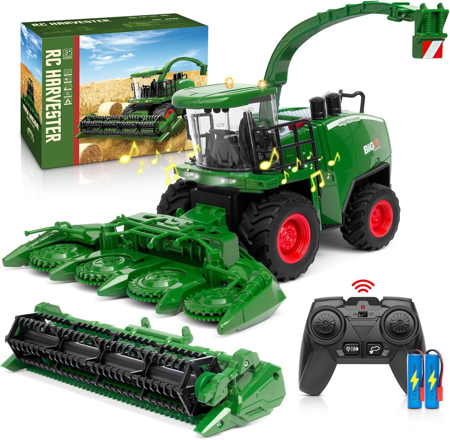 Remote Control Combine Harvester Tractor Toy, 1/24 Scale RC Harvester Toys for Kids with 2 Grian Heads/2 Rechargeable Batteries/Light, Farm Toys for 4 5 6 7 8 9 Year Old Boys Birthday Gift