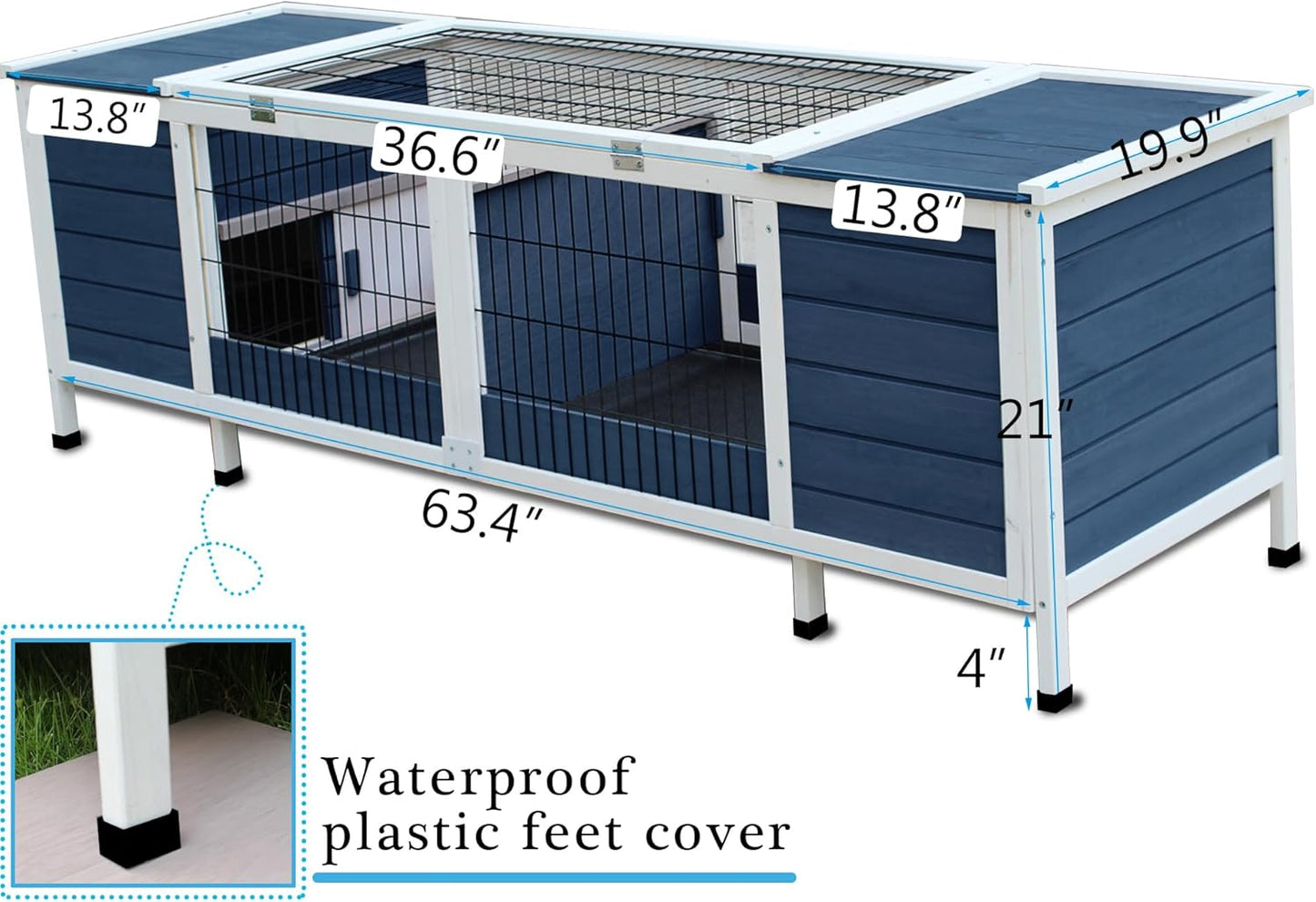 Rabbit Hutch Indoor Leakproof Bunny Cage Fir WoodenOutdoor Bunny House with Wire Floor Leakproof Plastic Tray (Blue)