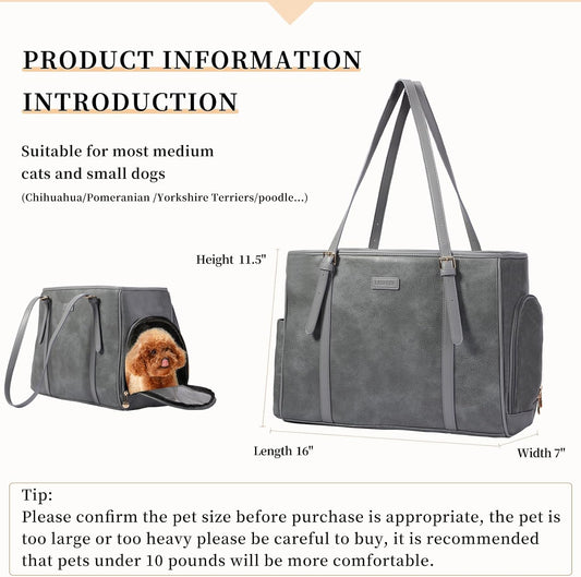 Fashion Dog Purse Pet Carrier Leather Bag for Small Dogs Cats Puppy, Portable Tote Bag Airline Approved Soft-Sided Carriers (Grey)