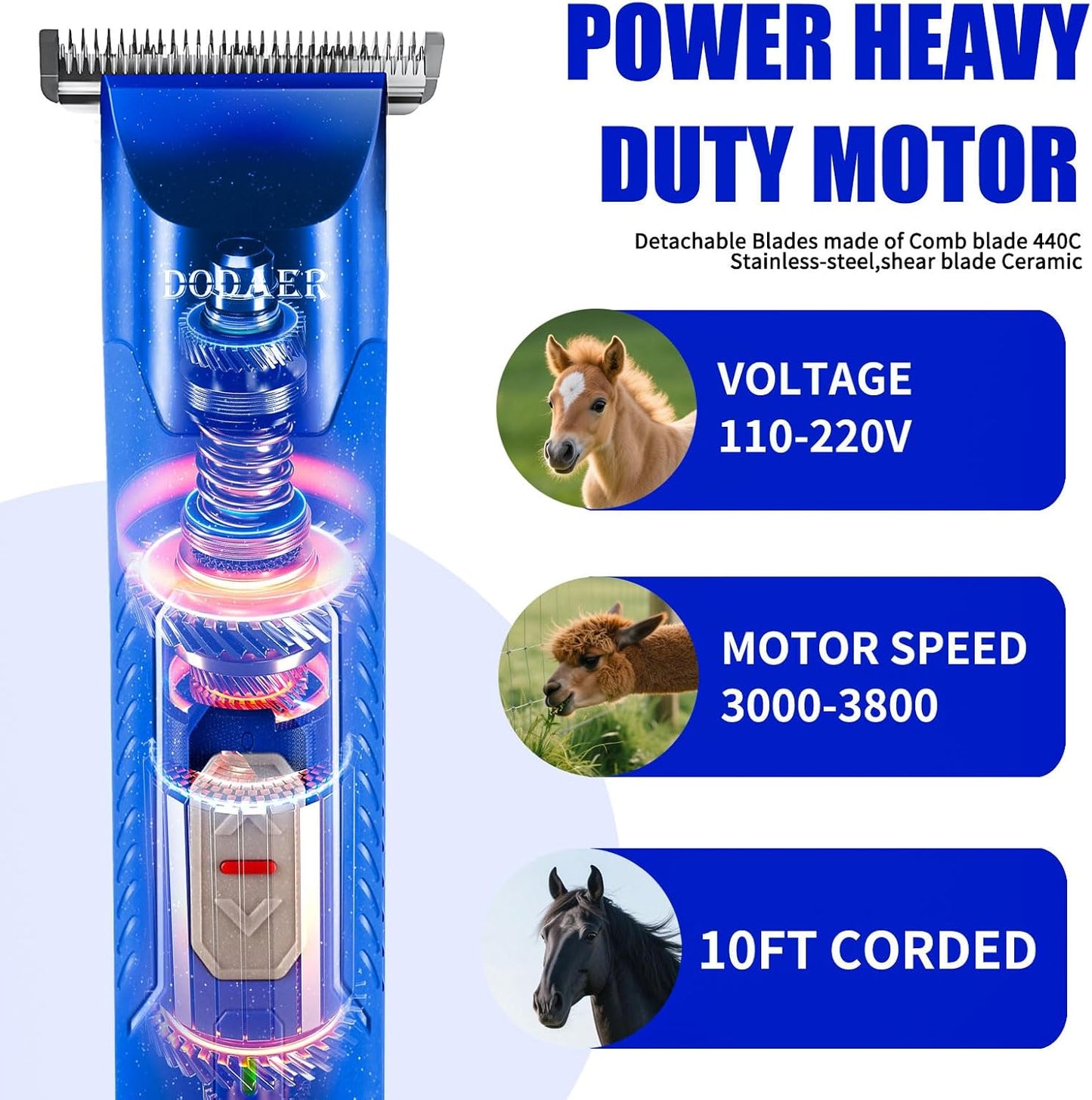 Professional Grooming Electric Corded 2-Speed Horse Clipper with Detachable Blade - Cool & Quiet Running Design - Includes Size T84 Blade for Complete Horse Grooming - Blue