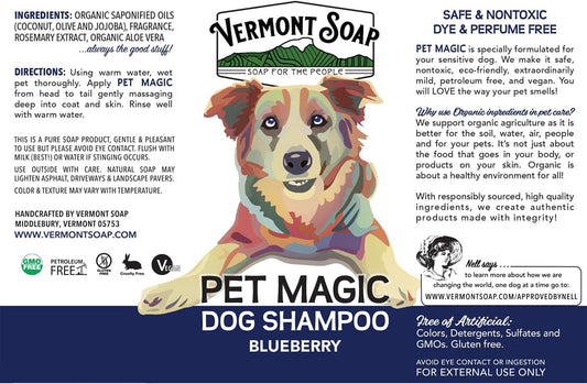 VERMONT SOAP Organics Pet Shampoo - Infused with Organic & Natural Olive Oil, Coconut & Aloe Vera Dog Shampoo for Sensitive Skin - USDA Certified Grooming - Blueberry (640oz)