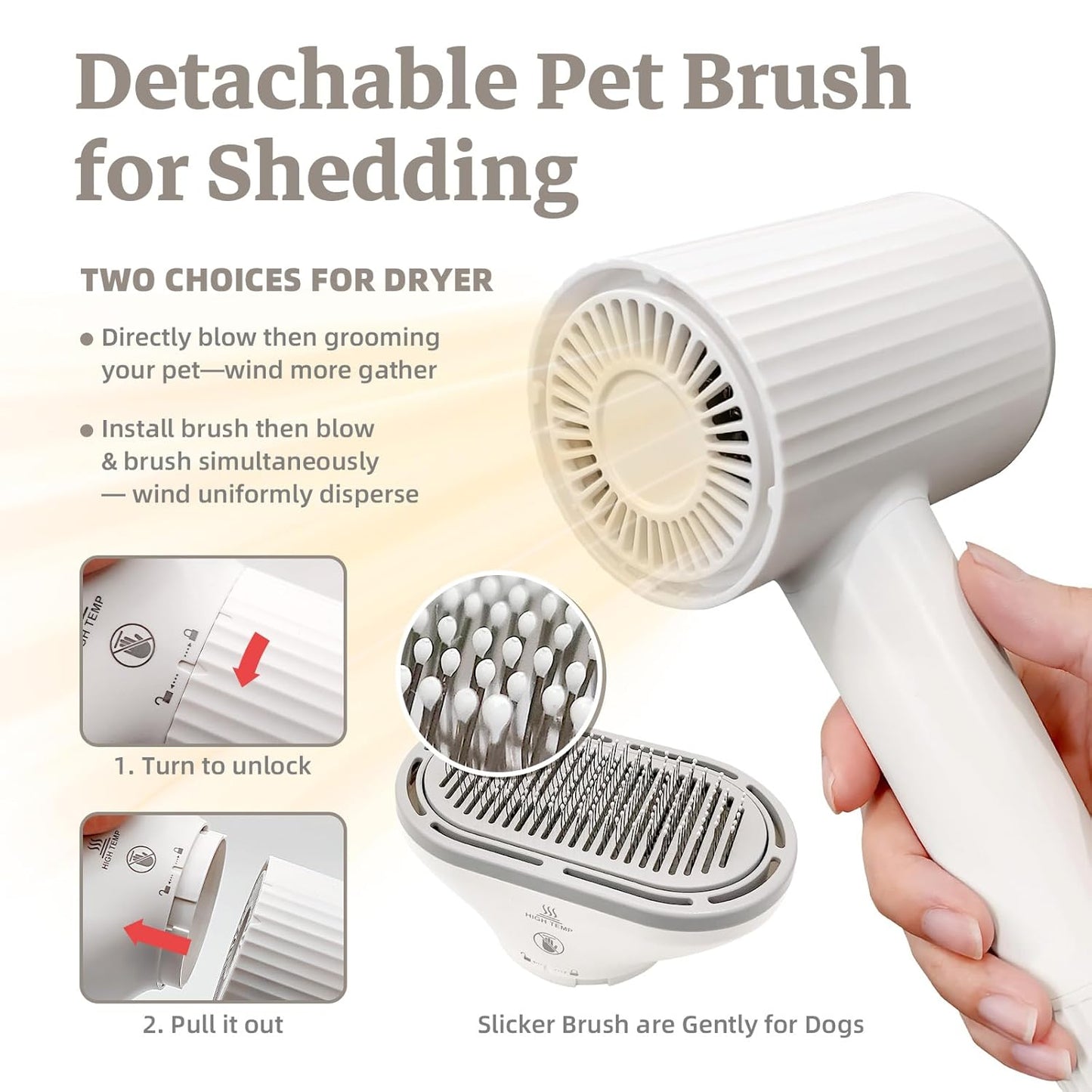 Dog Hair Dryer, Professional 2-in-1 Pet Hair Dryer & Grooming Brush with Removable Comb, Adjustable Temperature/Speed, Portable Dryer for Dogs and Cats