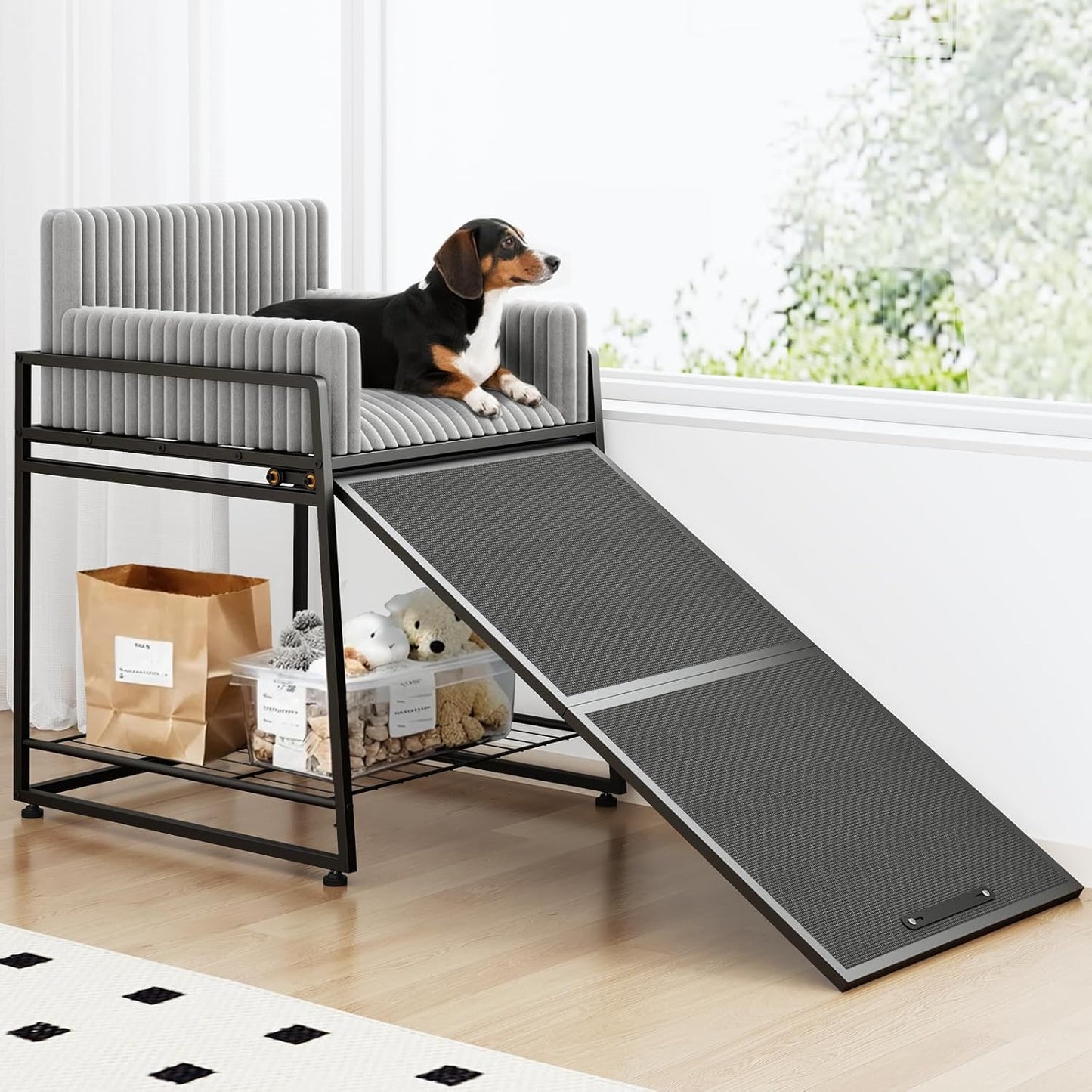 Pet Stairs Ramp with Seat,Dog Window Perch with Stairs and Storage,Dog Seat with Ramp Steps,Folding Pet Ramp for Dogs Cats,Bunk Bed Chair with Sofa Cushion for Bed Couch Office,Hold Up to 110 lbs