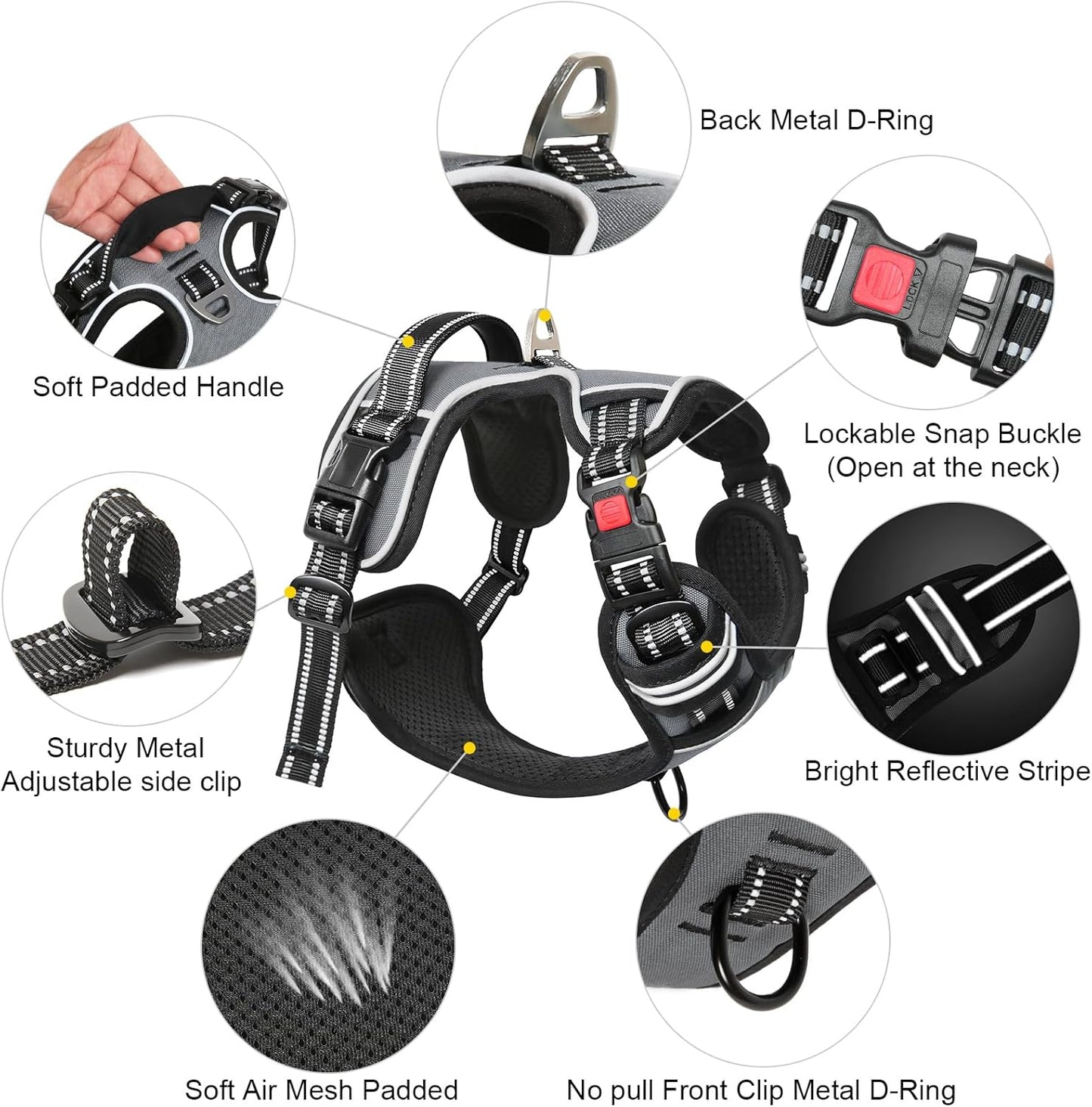 Timos Dog Harness Medium Sized, No Pull with Neck Lockable Snap,No Choke Front Clip Dog Reflective Harness,Adjustable Metal Rings 3 Buckles,Easy Control Handle for Medium Dogs Gray M