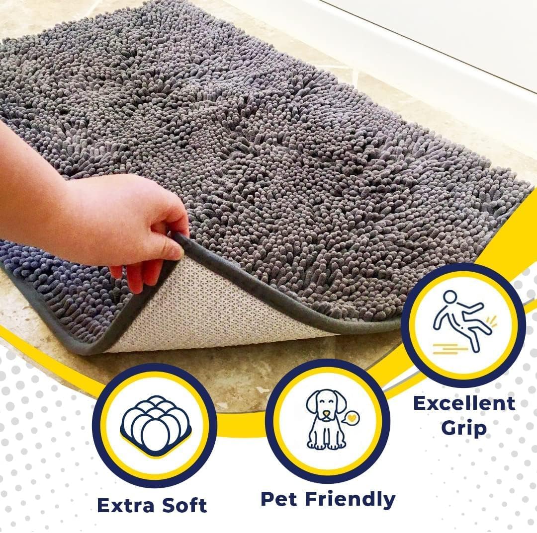 Muddy Mat® AS-SEEN-ON-TV Highly Absorbent Microfiber Door Mat and Pet Rug, Non Slip Thick Washable Area and Bath Mat Soft Chenille for Kitchen Bathroom Bedroom Indoor and Outdoor - Grey XXL 60"X48"