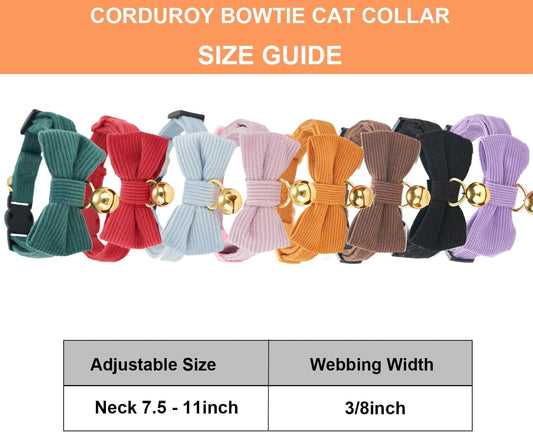2 Pack Soft Corduroy Cat Collars with Bow Tie & Bell, Adjustable Breakaway Cotton Kitty Bowtie Collar for Male Boy Cats (Black & Brown)