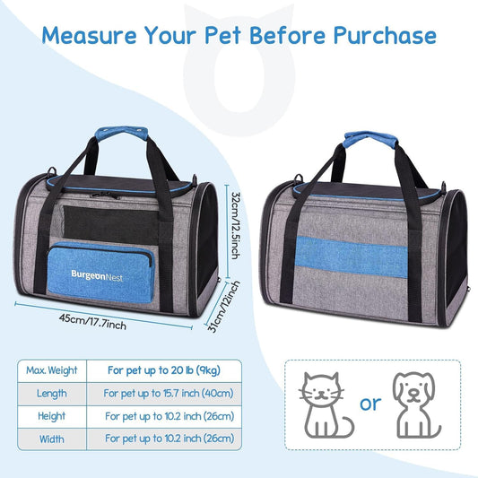 BurgeonNest Cat Carrier for Large Cats 20 lbs,Medium Pet Under 25 lbs,2 Puppy and Small Dogs with Unique Side Bag,Top Load Pet Carrier Soft-Sided Escape Proof with 4 Ventilated Windows