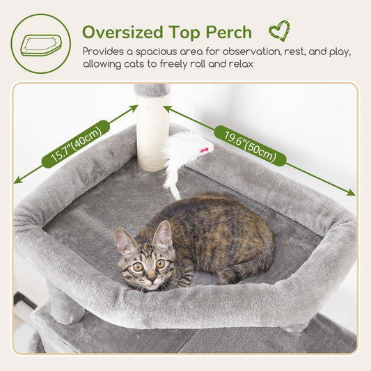 Globlazer Large Cat Tree Tower, Tall Cat Tree Condos for Indoor Cats Large Adult Cat Climbing Tower with 2 Spacious Caves, Oversized Top Perch, Big Hanging Basket, Cat Teaser Wand, F74B, Light Grey