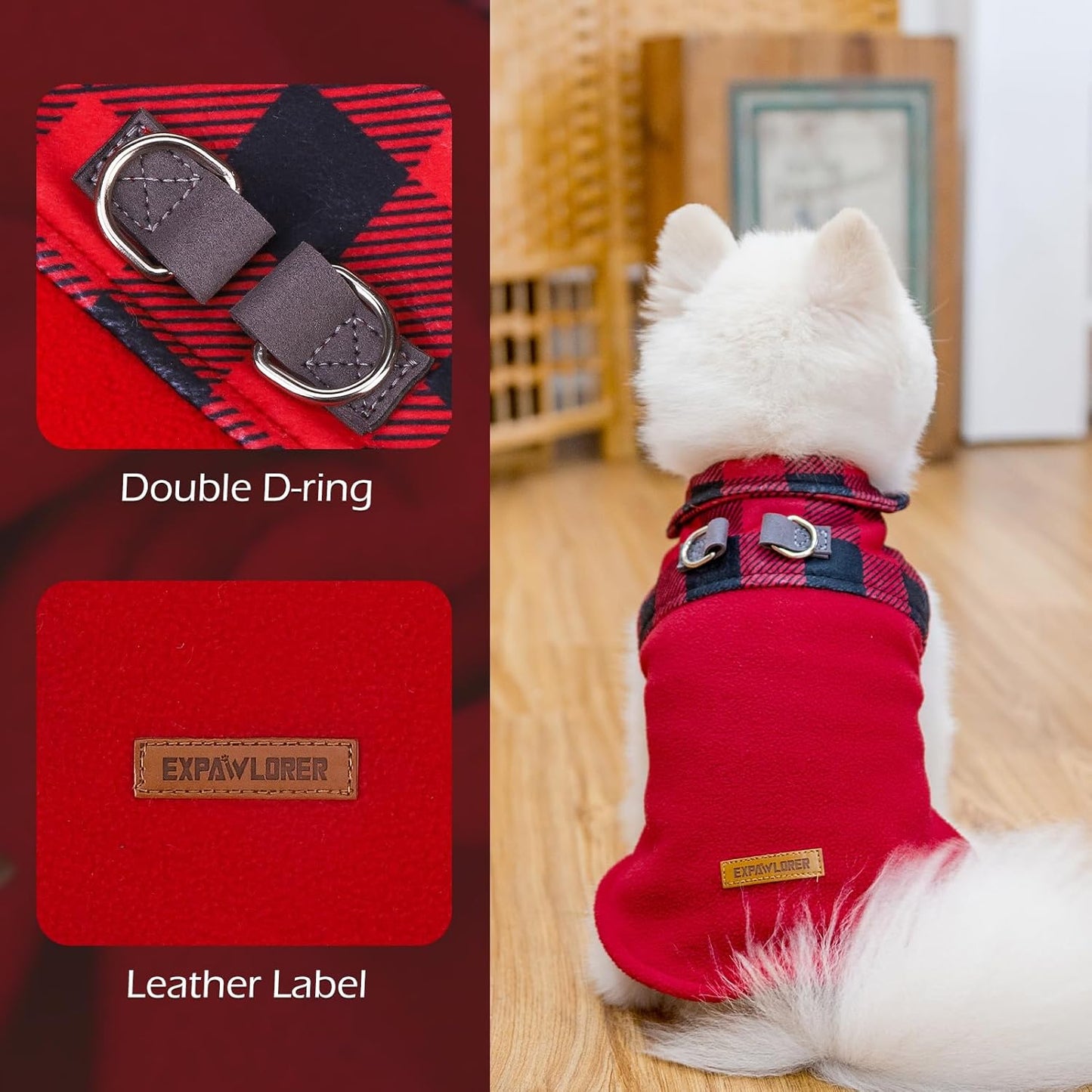 EXPAWLORER Fleece Dog Sweater - Classic Plaid Dog Jacket, Winter Coat Vest with 2 D-Rings for Leash, Pet Cold Weather Clothes, Sweatershirt for Boy or Girl