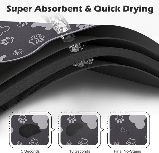 Dog Cat Food Mat,Rapid Absorbent Pet Feeding Mat, Bone Shaped Dog Placemat Water Bowl Mat with Rubber Backing,No Stains Dog Cat Food Mats Indoor, Pet Accessories Supplies 12"x18" Dark Grey
