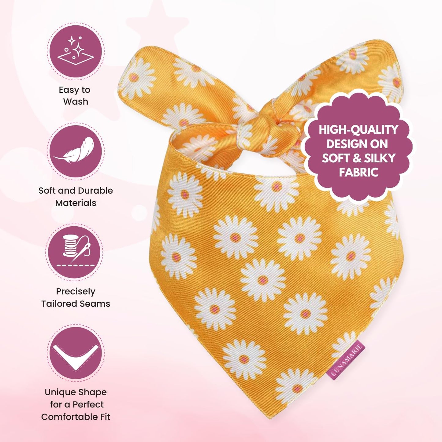 LunaMarie - Luxury Pet Birthday Bandanas -Premium & Silky Poly Fabric | 100% Handmade | Custom Shape Dual Layered (Daisies, Medium)