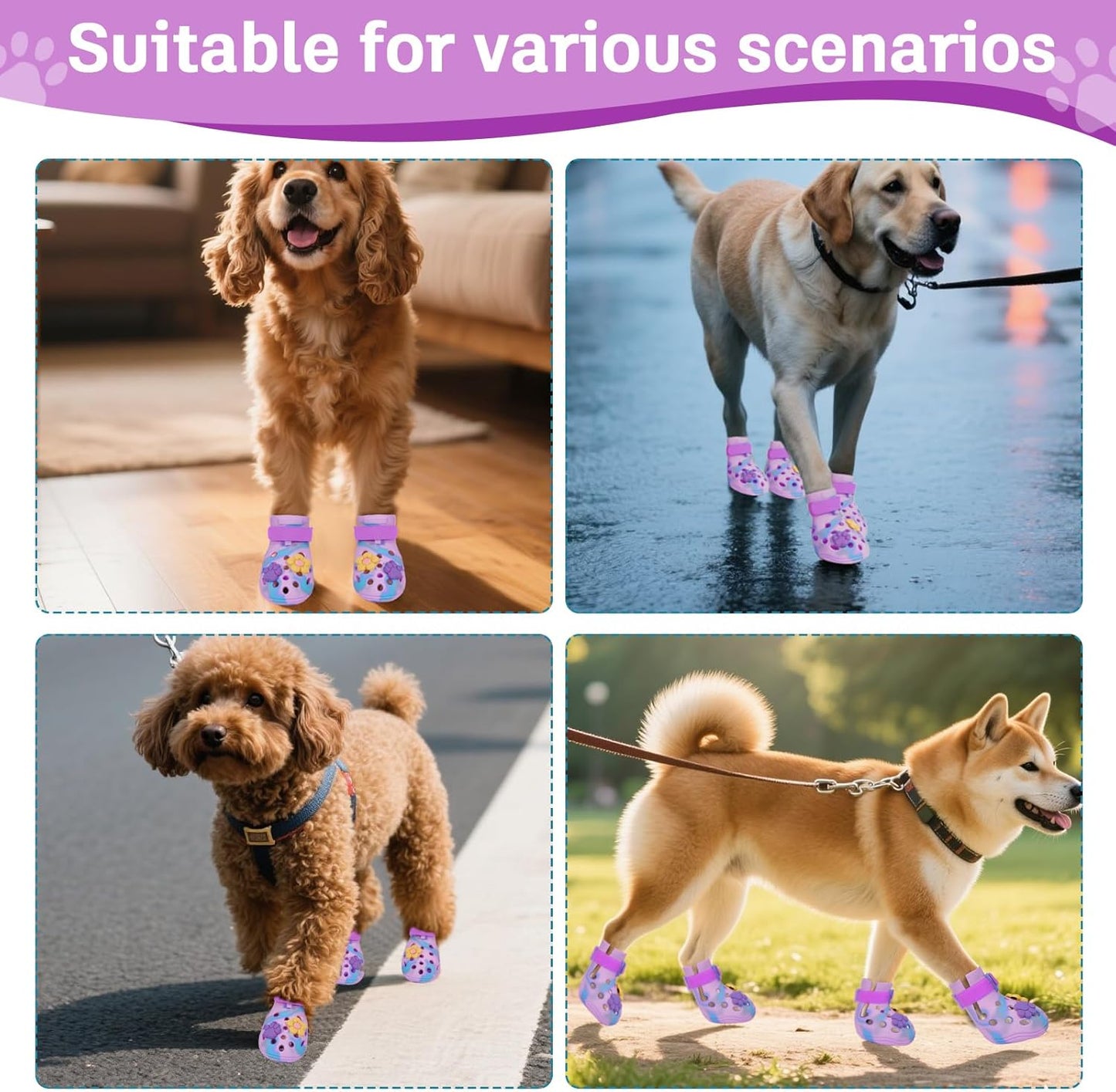 Dog Shoes for Hot Pavement, Adjustable Magic Tape Boots for Small, Medium & Large Dogs, Anti-Slip, Easy to Clean Paw Protectors for Beach, Outdoor & Hot Weather (Purple L)