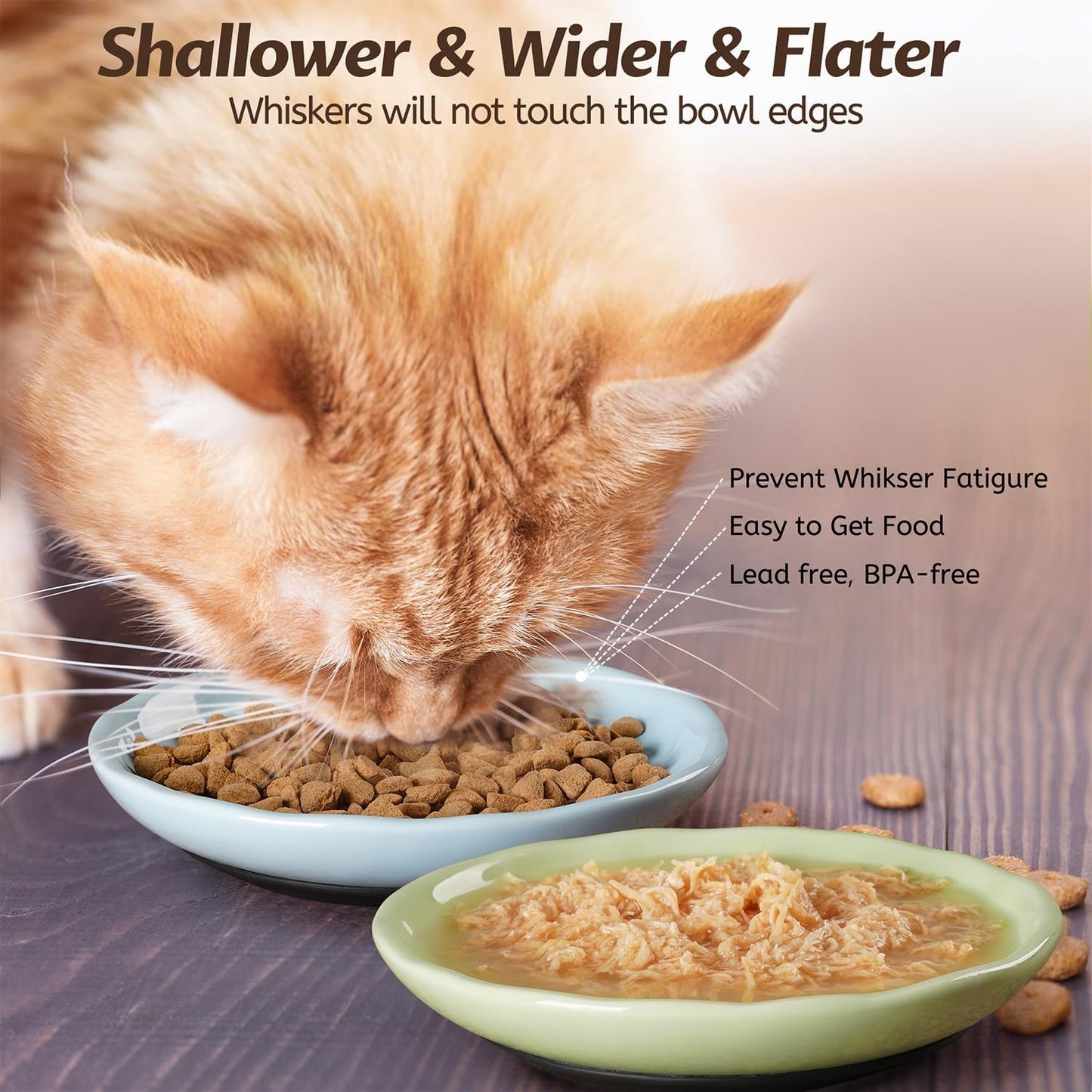 Non-Slip Cat Food Bowl,Healthy Ceramic Cats Bowls with Silicone Bottom, Anti-Whisker Fatigue Cat Dishes Set, Shallow & Wide Kitten Plates for Food and Water, 4 Pack