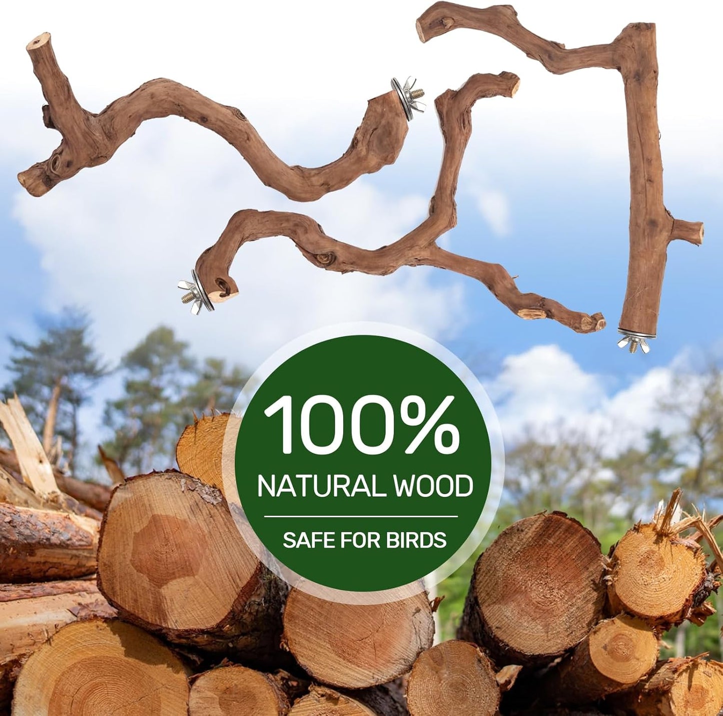 3-Piece Premium Bird Perch Stand with Natural Grape Wood Branch, Paw Grinding Fork, Chewing Stick, Cage Accessories for Parakeets, Budgies, Cockatiels, Finches, Lovebirds