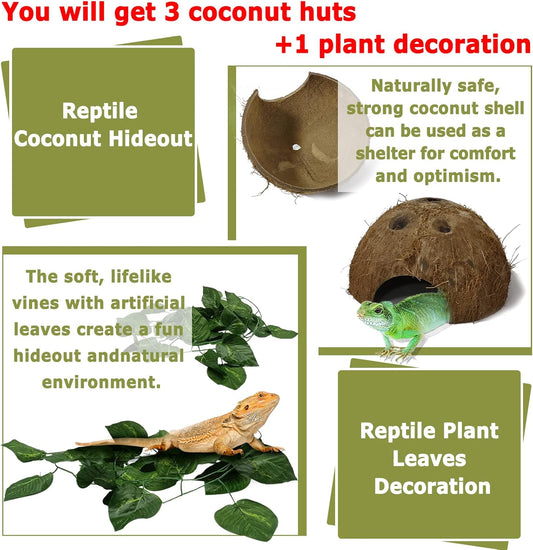 Hamiledyi Reptile Hideouts Natural Coconut Shells Hut Hermit Crab Climbing Toys Gecko Hide Cave Lizard Habitat Decor Plant Leaves Decoration for Spider Snake Chameleon (4Pcs)
