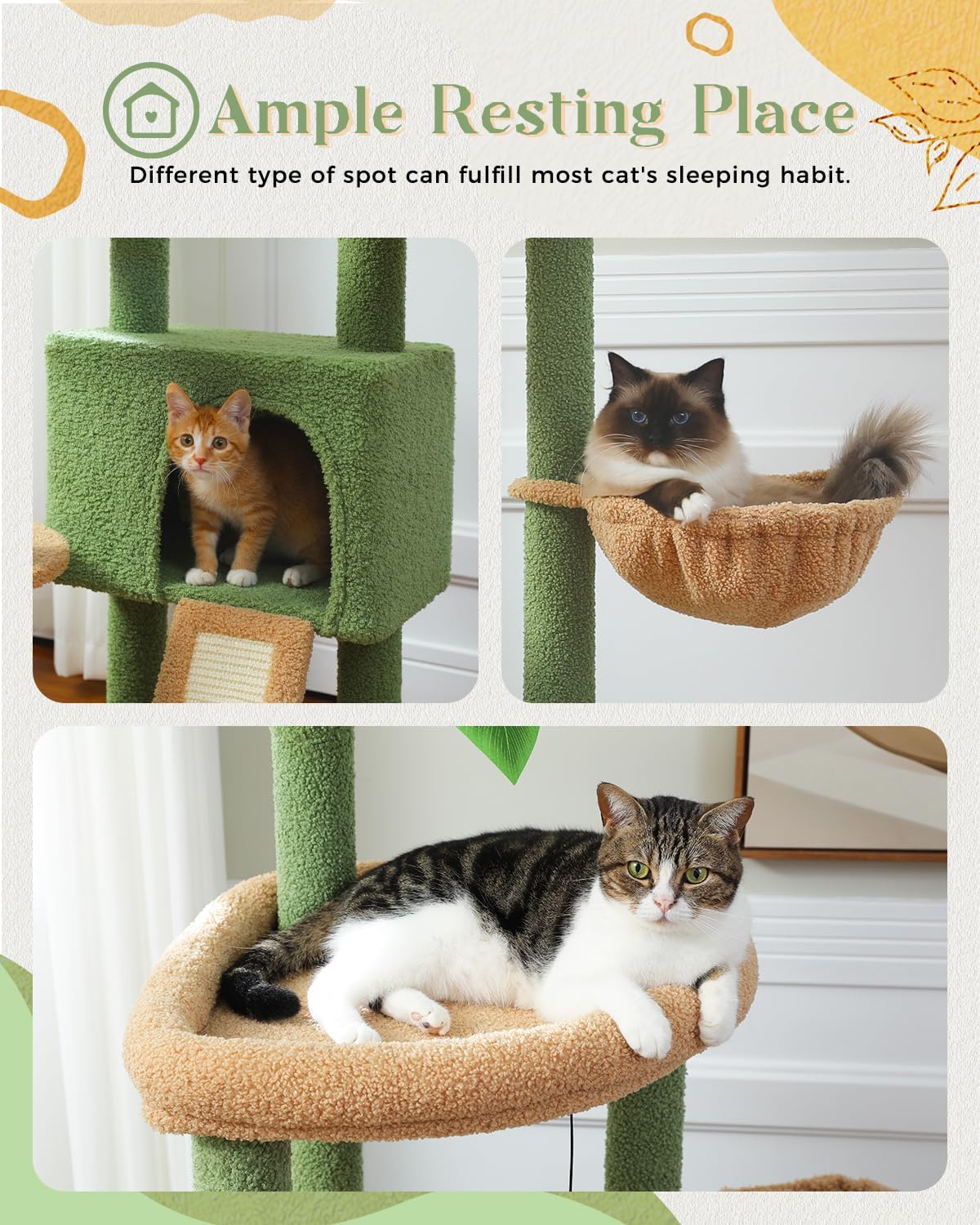 PEQULTI 53'' Cat Tree for Indoor Cats, Large Condo, Sisal Scratching Posts, Hammock & Perch, Fresh Cactus Design, Sturdy, Multi-Level