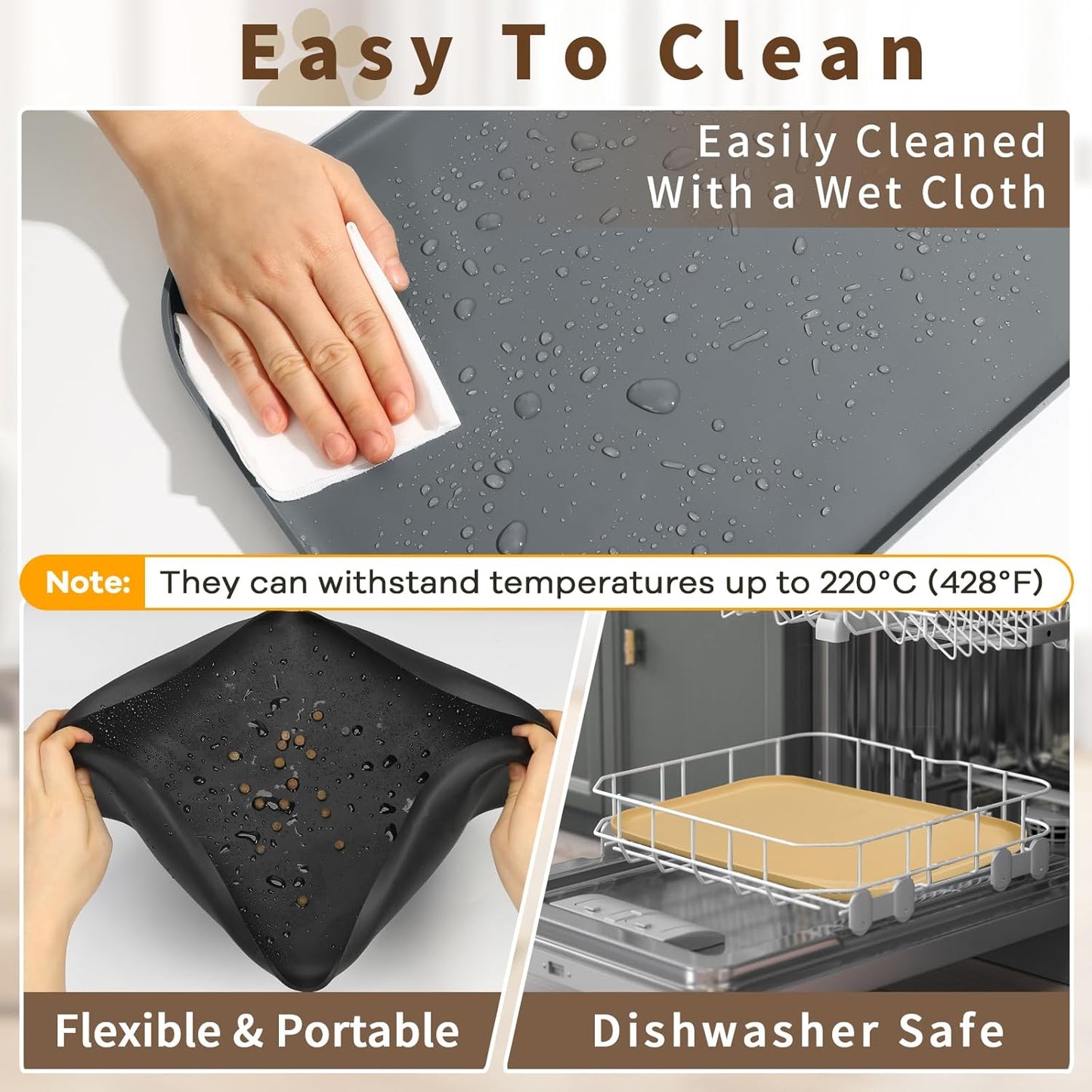 Silicone Pet Feeding Mat with Raised Edge & Residue Collection Pocket for Food and Water, Dog Bowl Mats, Cat Bowls Placemat with High Lip for Floor Waterproof, 24 x 16 x 0.8 Grey