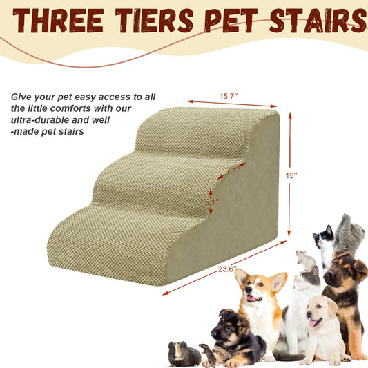 Dog Stairs for Small Dogs - High Density Foam Pet Steps, Extra Wide Dog Ramp with Non-Slip Bottom for High Beds, Couch and Sofa, Best for Dogs Injured, Older Doggy Cats,3 Steps, Camel