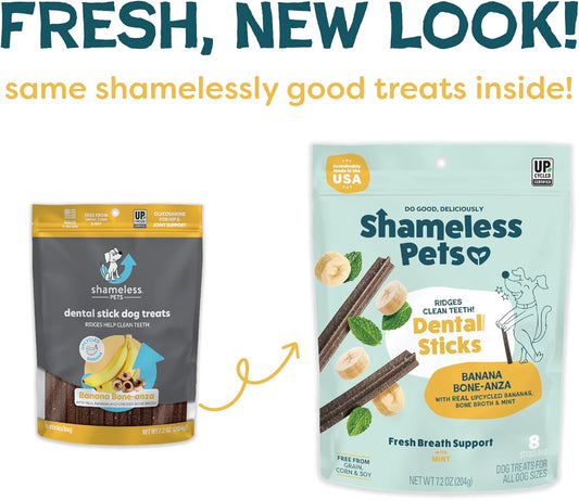 Shameless Pets Dental Treats for Dogs, Banana Bone-Anza - Healthy Dental Sticks with Hip & Joint Support for Teeth Cleaning & Fresh Breath - Chews Free from Grain, Corn & Soy
