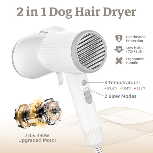Dog Hair Dryer, Professional 2-in-1 Pet Hair Dryer & Grooming Brush with Removable Comb, Adjustable Temperature/Speed, Portable Dryer for Dogs and Cats