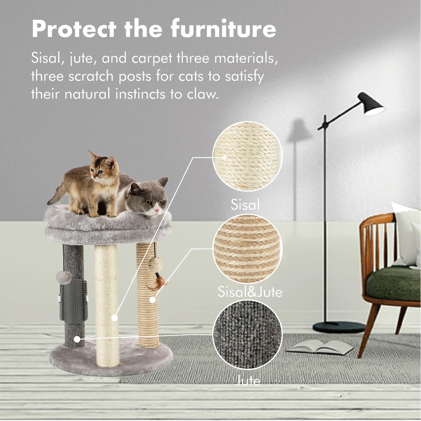 MECOOL 4in1 Small Cat Tree,Scratching Post with Tower Soft Bed, Sisal Carpet Jute Posts with Three Hanging Ball Toys and Massage Brush for Indoor Cats and Kittens